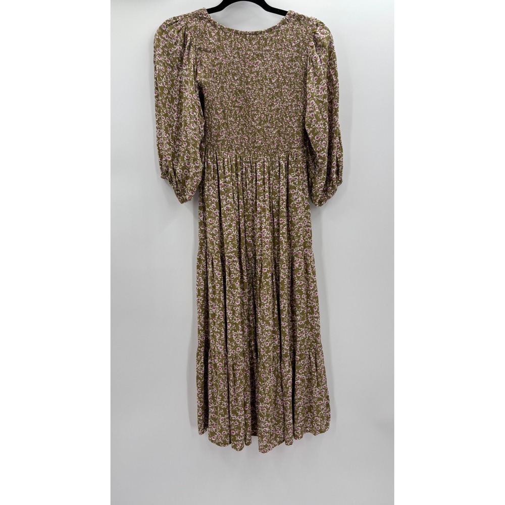 Prairie Dress Womens Small Olive Pink Floral Tiered Midi Cottagecore Puff Sleeve - Picture 12 of 14